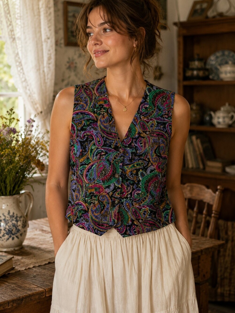 Vintage Koret Petites Paisley Vest Size 4P Multicolor Button Front Boho Retro